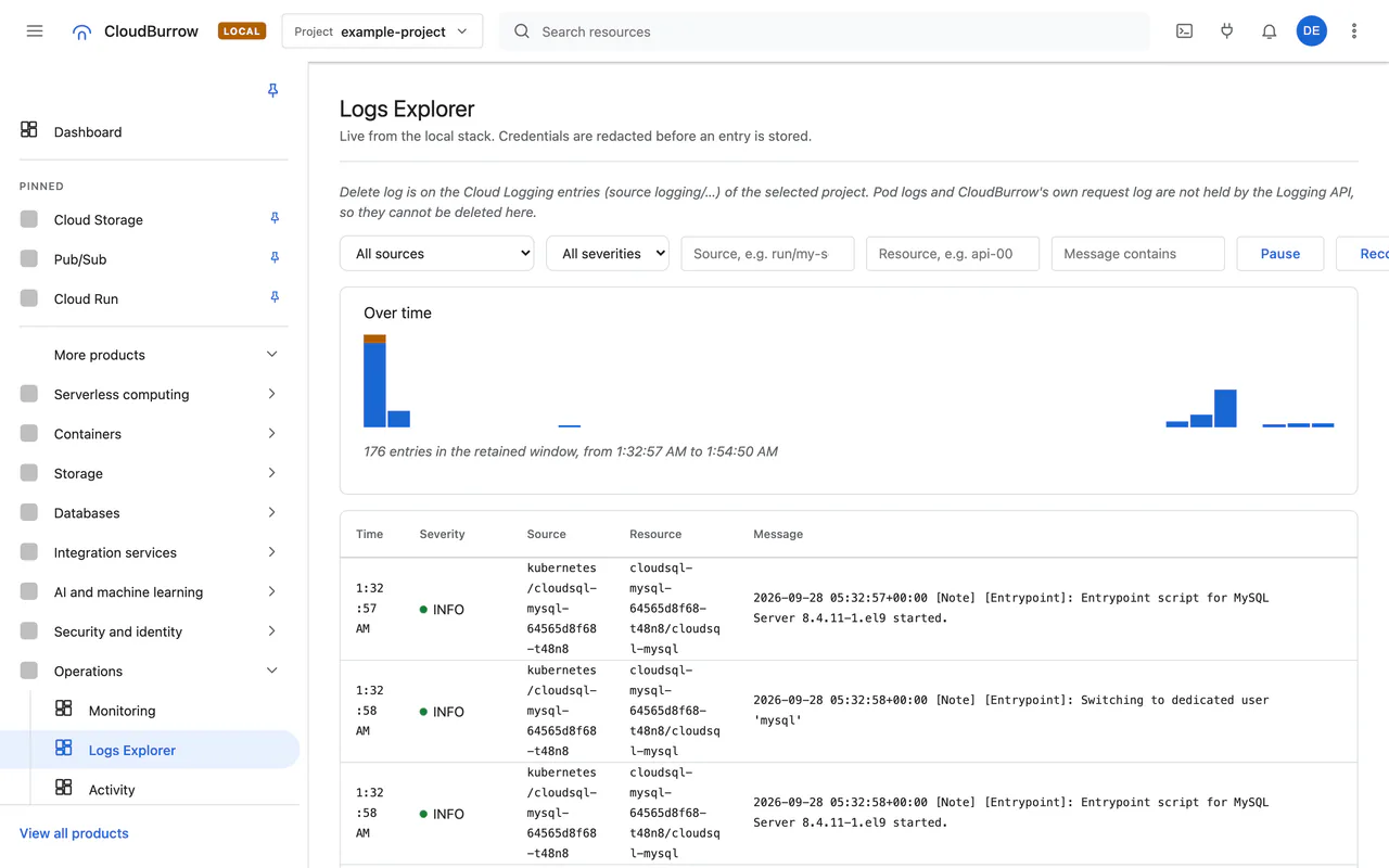 The live Logs Explorer, streaming from the local stack